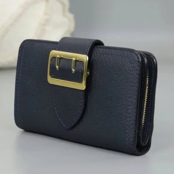 Burberry Navy Blue Leather Buckle Compact Wallet Gold Hardware Auth - Picture 3 of 8